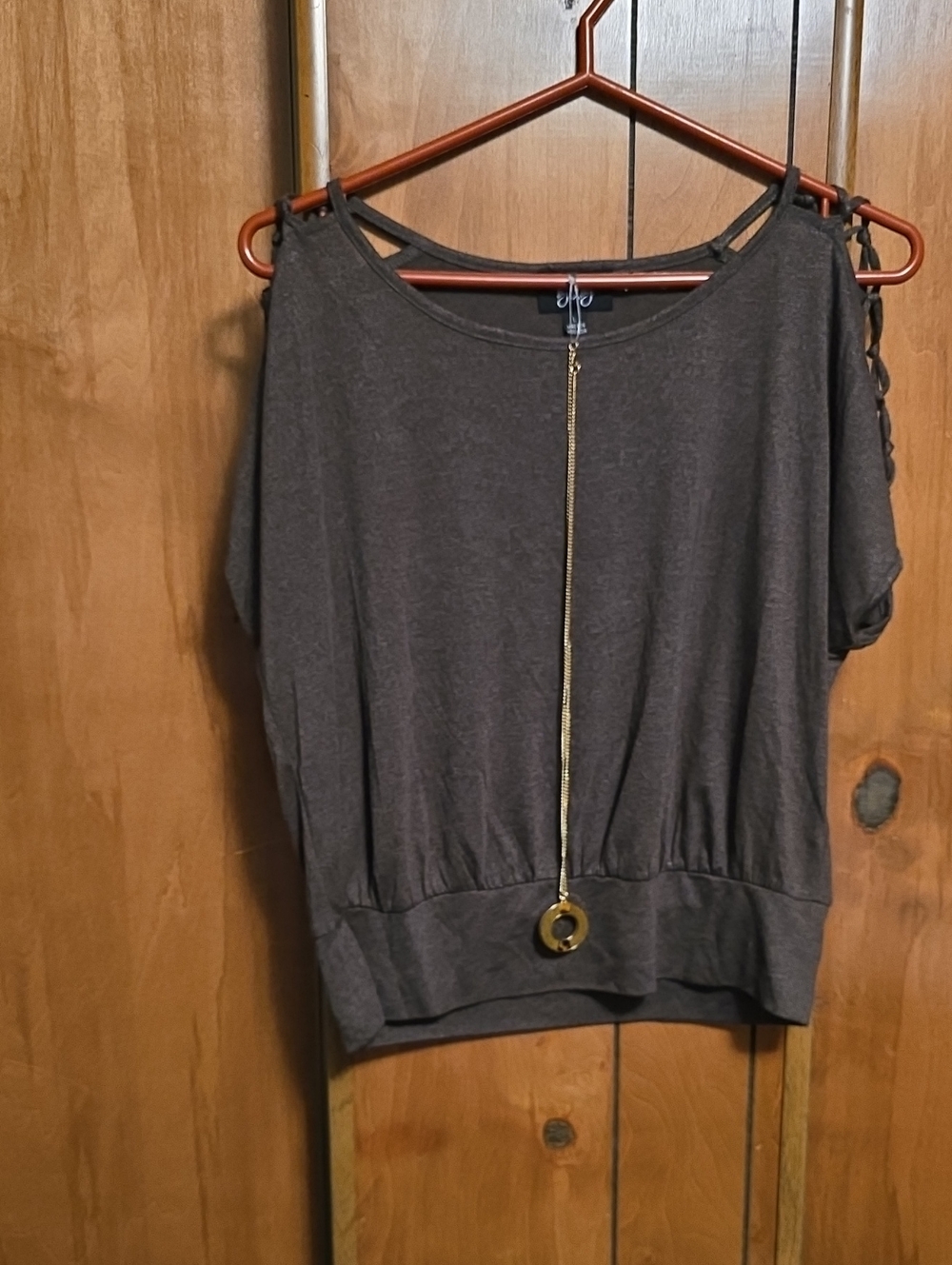by & by Dark Gray Short Sleeve Top with Gold Chain Pendant